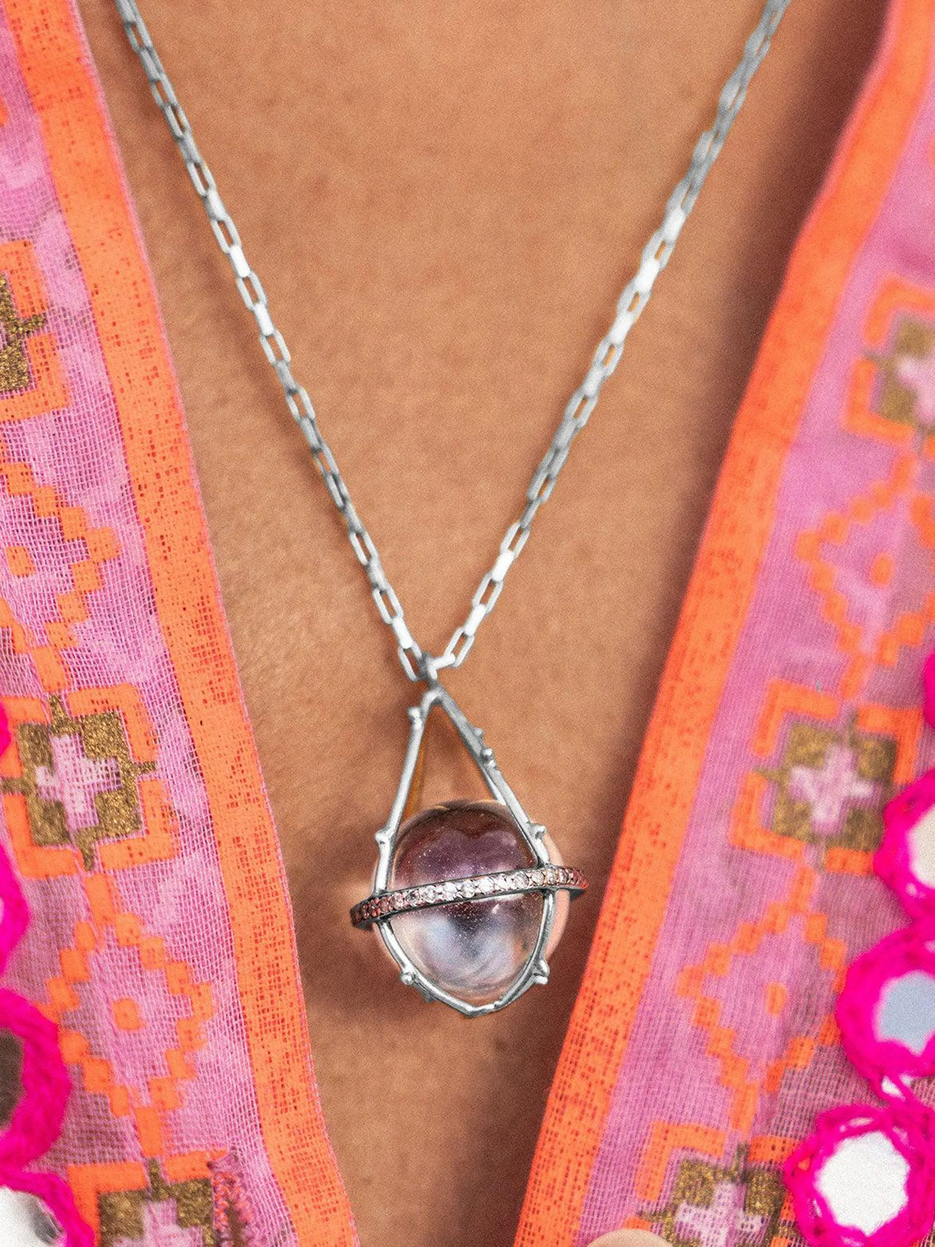 Diamond and silver crystal ball necklace