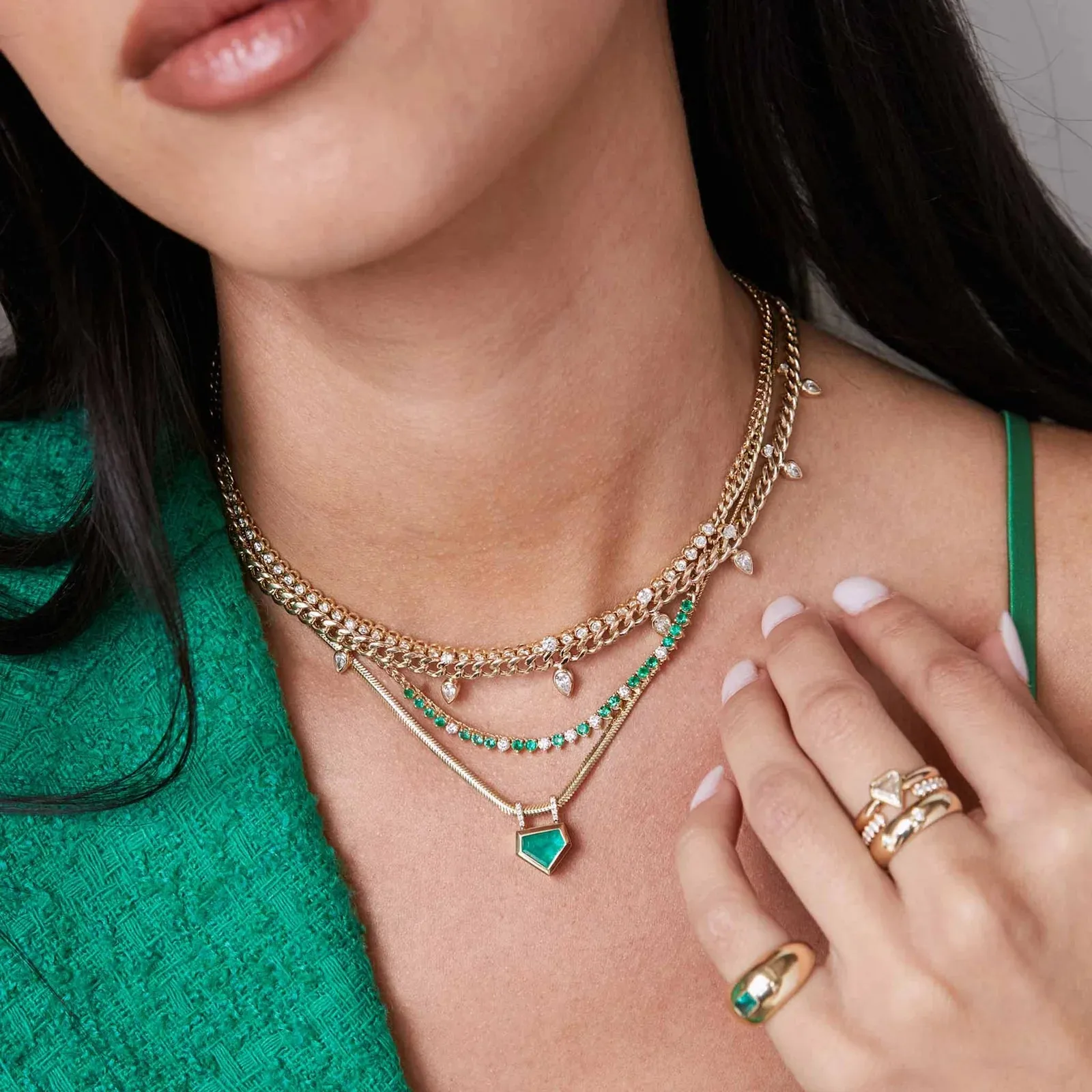 Emerald & Diamond Segment Curb Chain Necklace