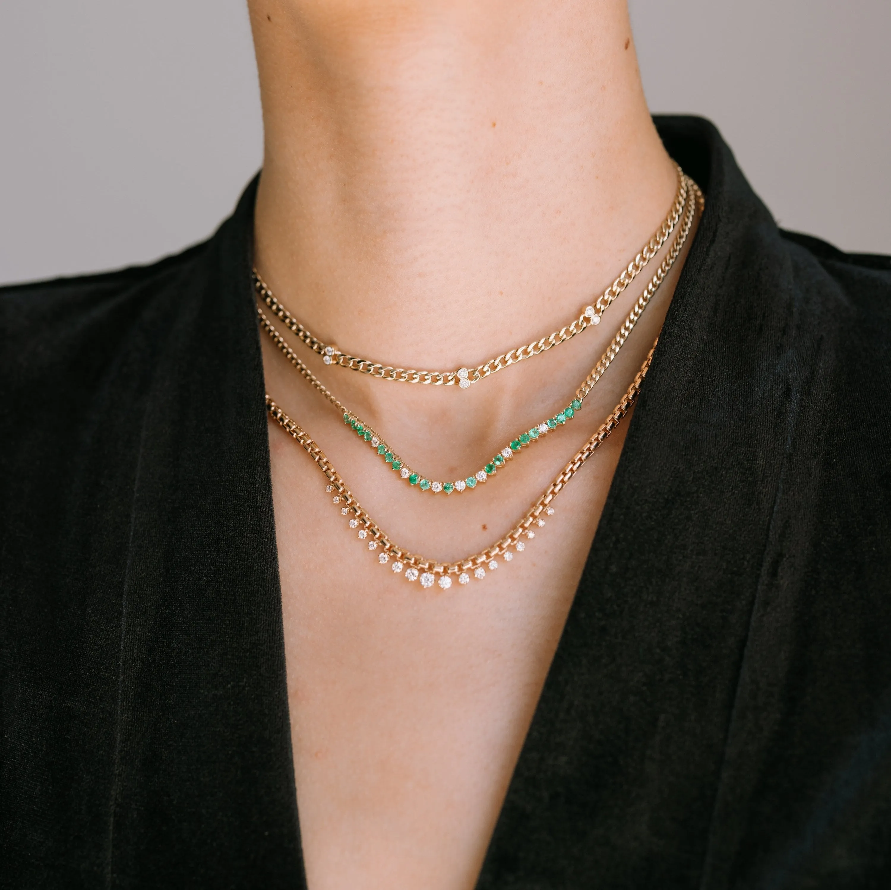 Emerald & Diamond Segment Curb Chain Necklace