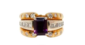 Emerald Cut Amethyst 14k Gold Cocktail Ring With Diamond Accents