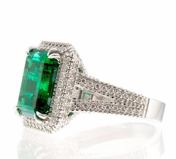 Fancy Faux Emerald Cubic Zirconia Cocktail Ring In Sterling Silver