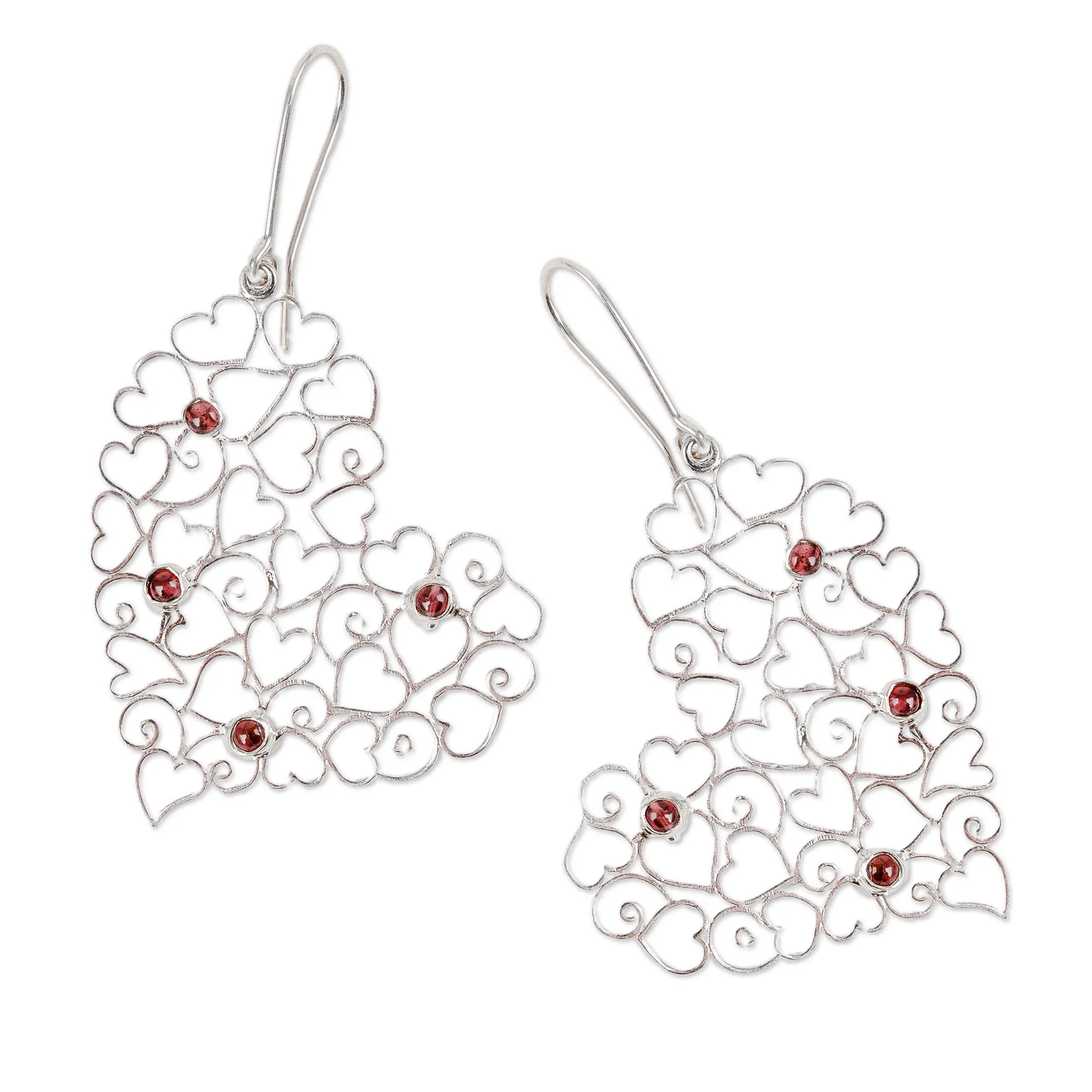 Garnet 925 Silver Heart Dangle Earrings with Openwork Accent - Heart Tapestry | NOVICA