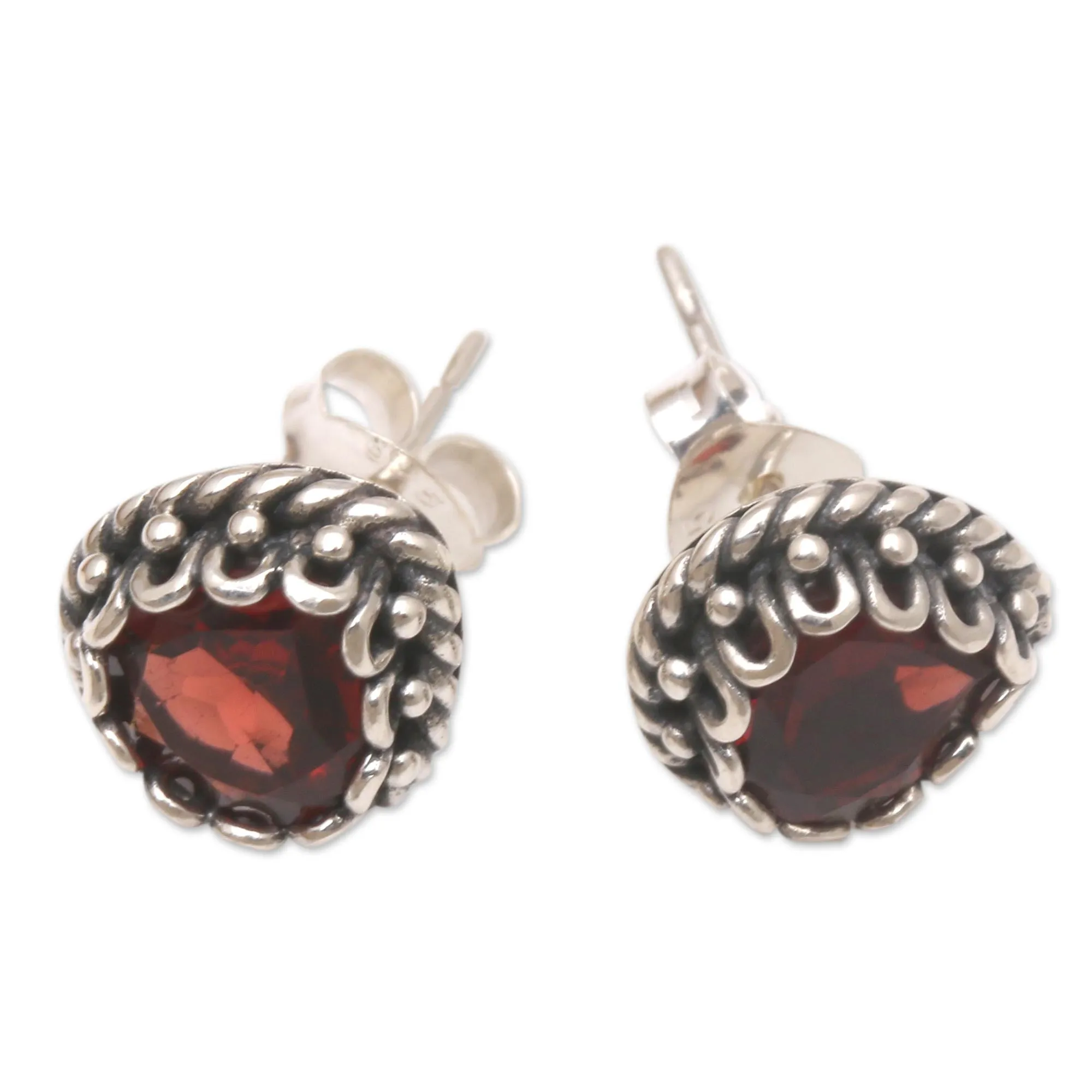 Garnet and Sterling Silver Stud Earrings - Mon Amour | NOVICA