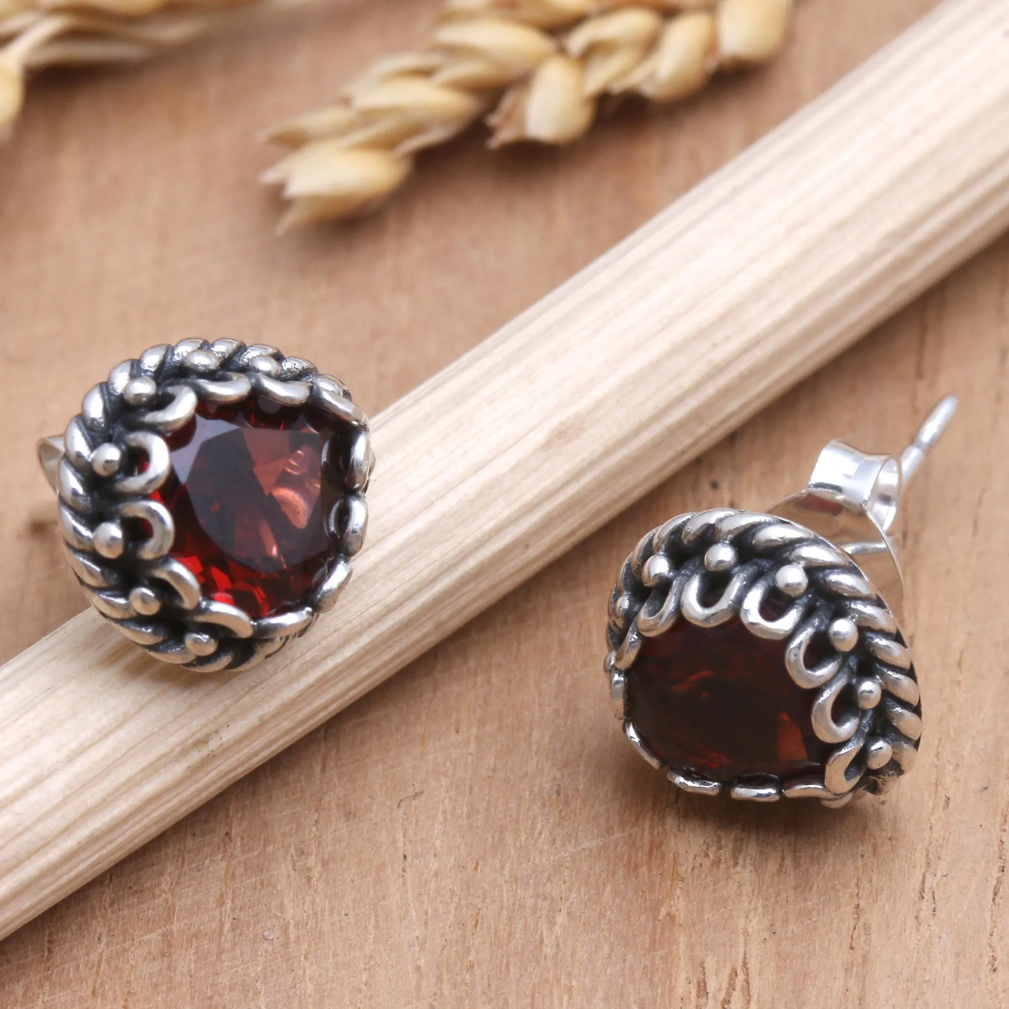 Garnet and Sterling Silver Stud Earrings - Mon Amour | NOVICA