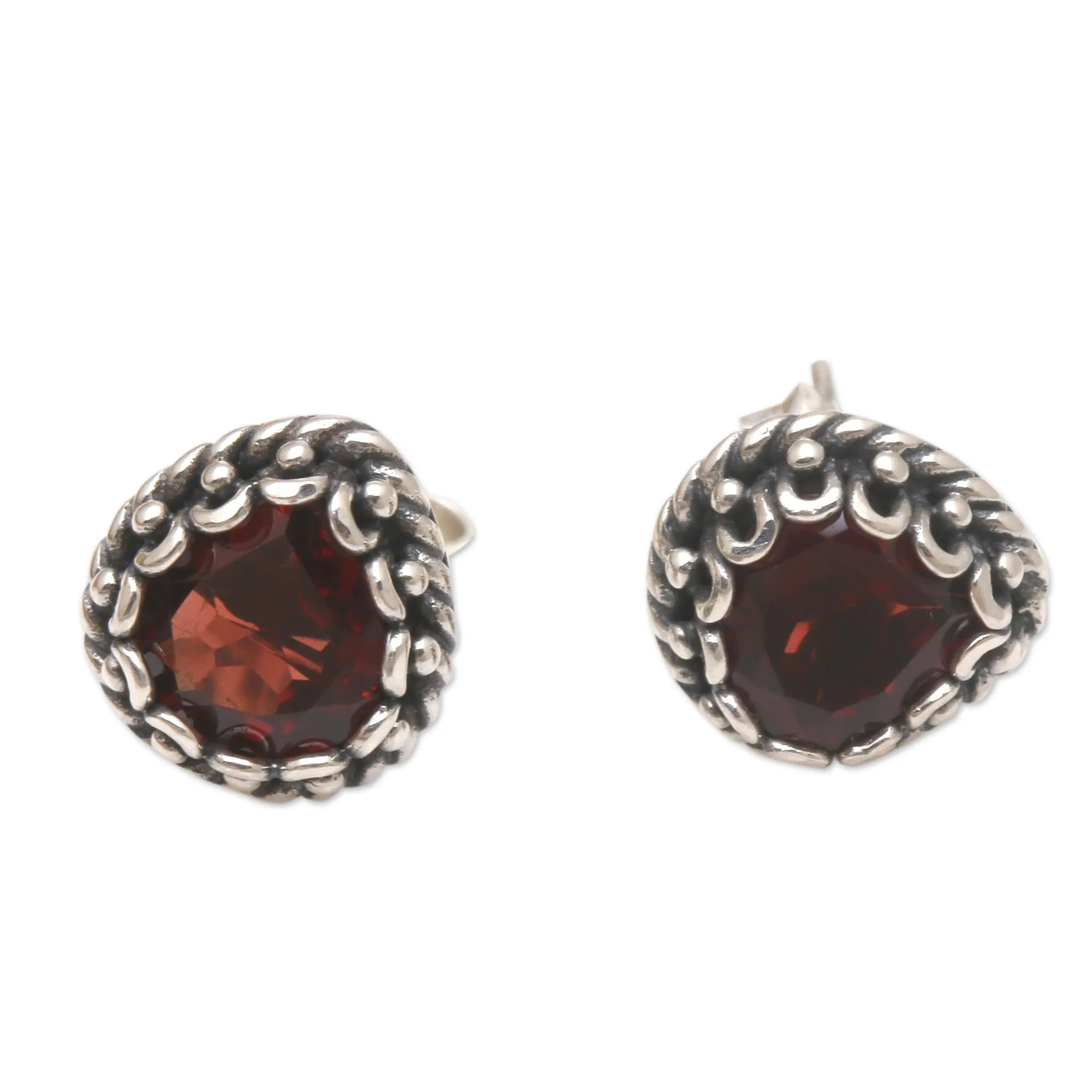 Garnet and Sterling Silver Stud Earrings - Mon Amour | NOVICA