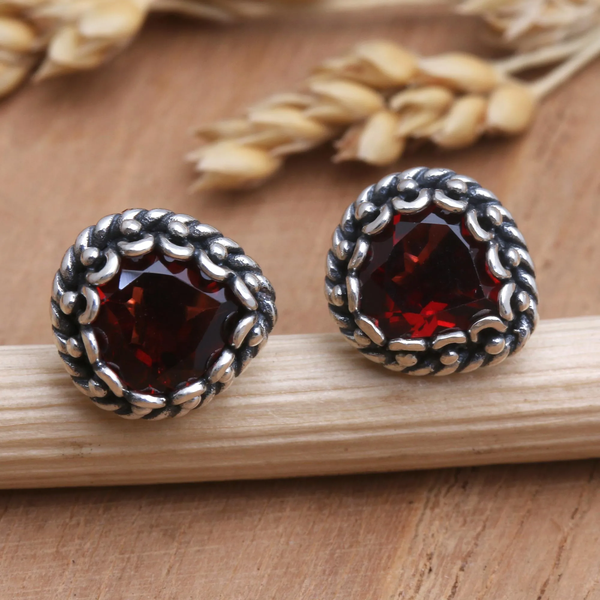 Garnet and Sterling Silver Stud Earrings - Mon Amour | NOVICA