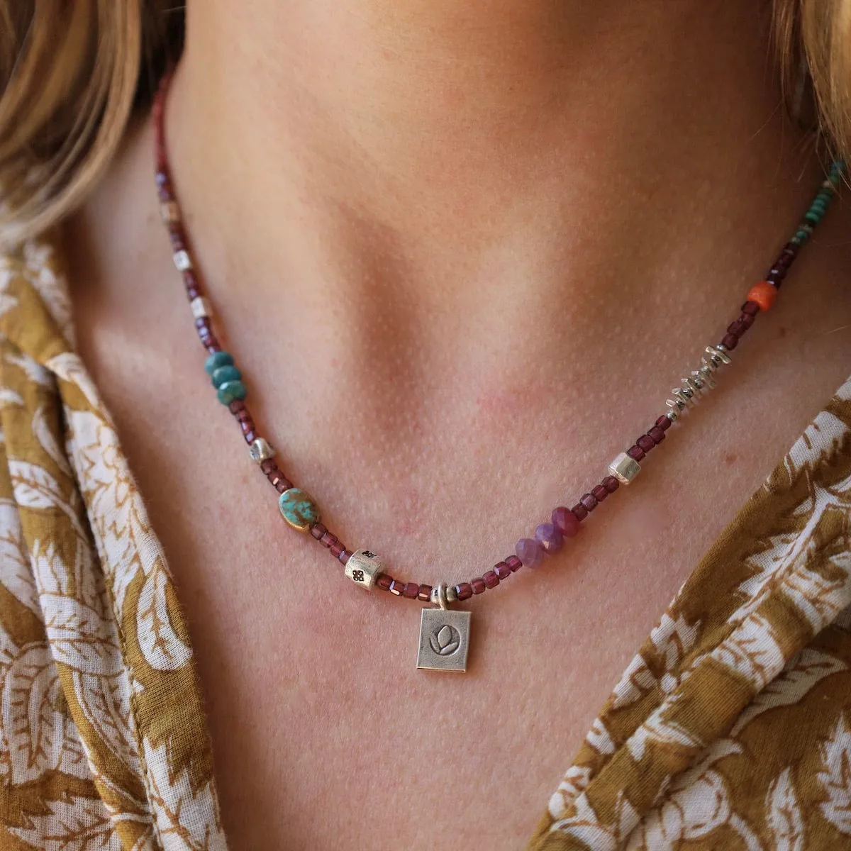 Garnet Cube with Lotus Necklace