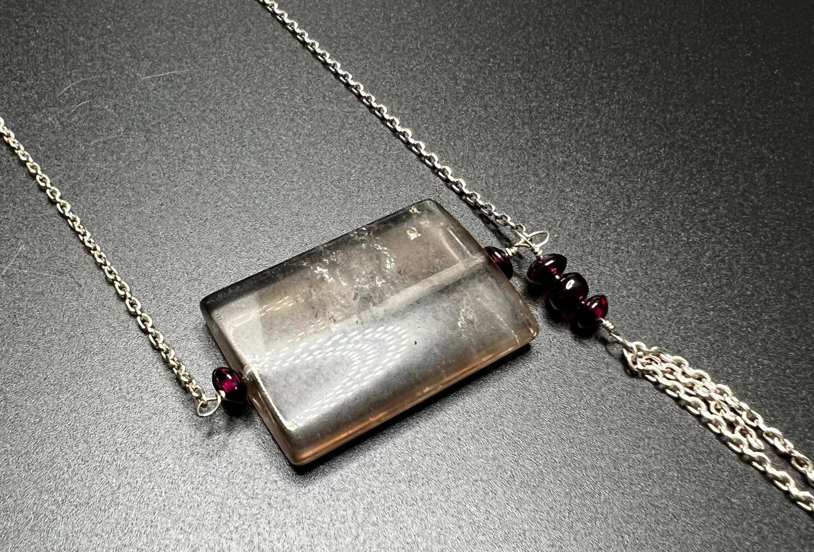 Garnet, Smoky Quartz, Sterling Silver Asymmetrical Necklace