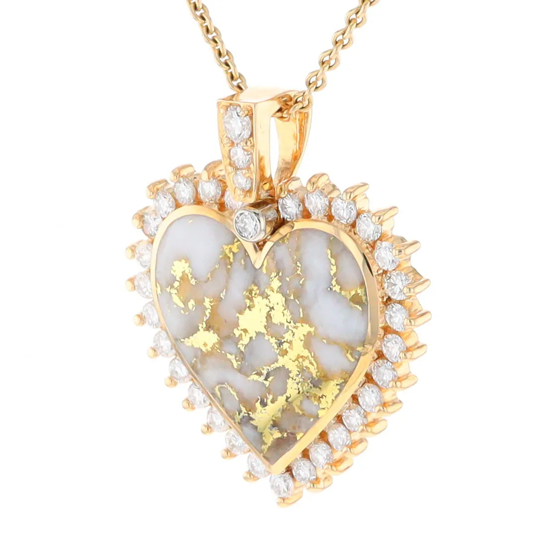 Gold Quartz Necklace Heart Shape Inlaid 1.54ctw Halo Diamond Pendant