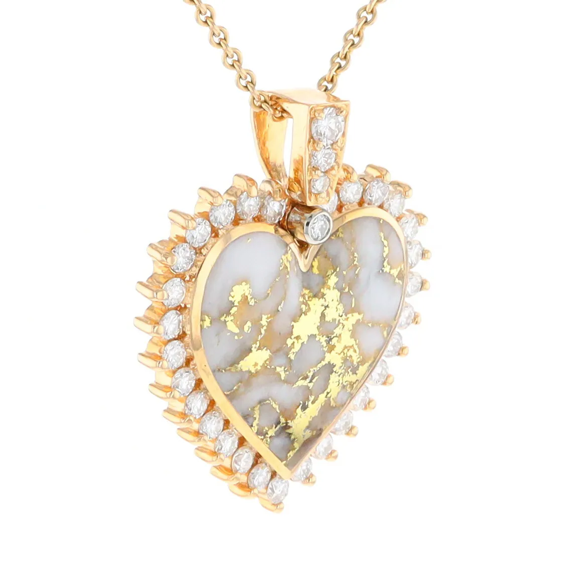 Gold Quartz Necklace Heart Shape Inlaid 1.54ctw Halo Diamond Pendant