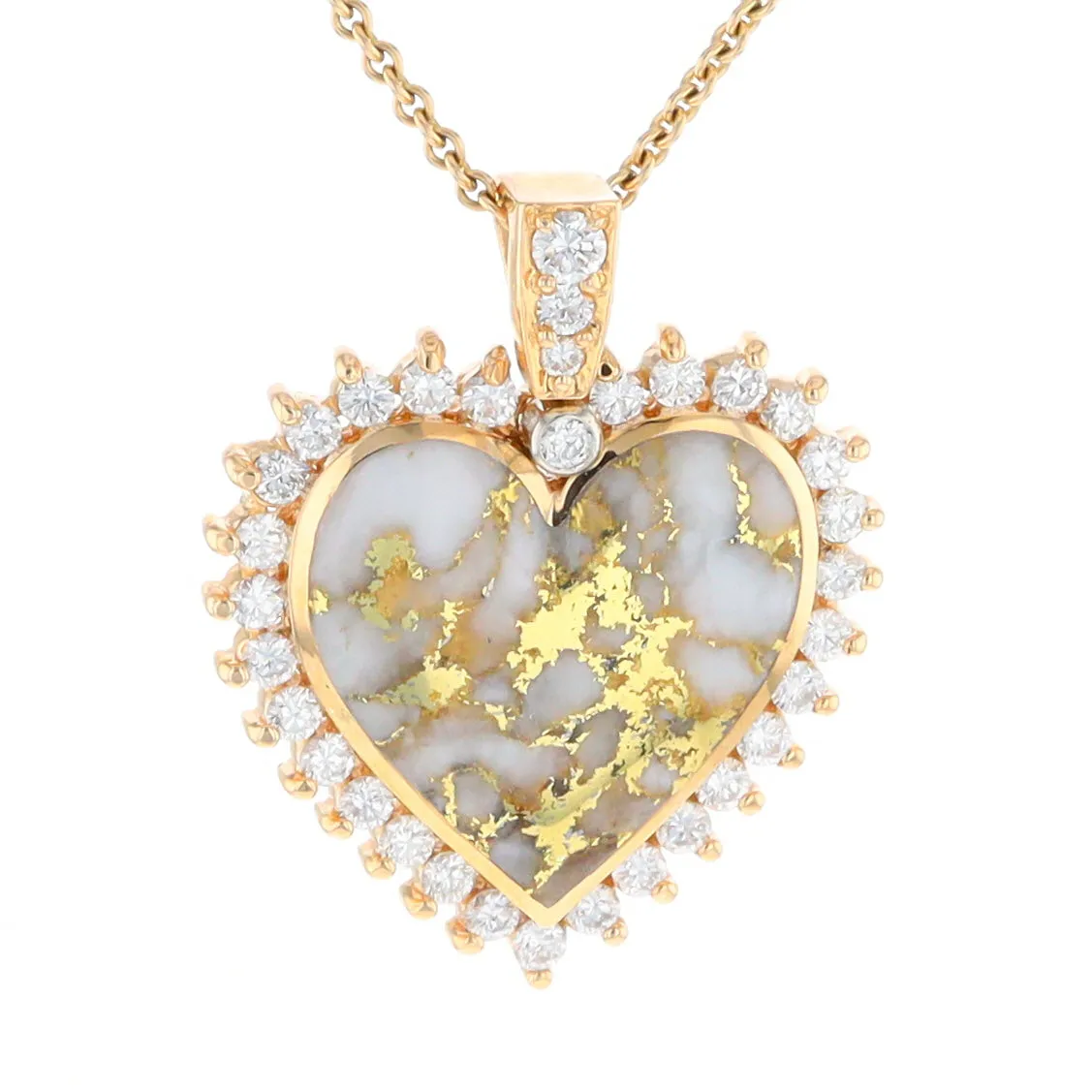 Gold Quartz Necklace Heart Shape Inlaid 1.54ctw Halo Diamond Pendant