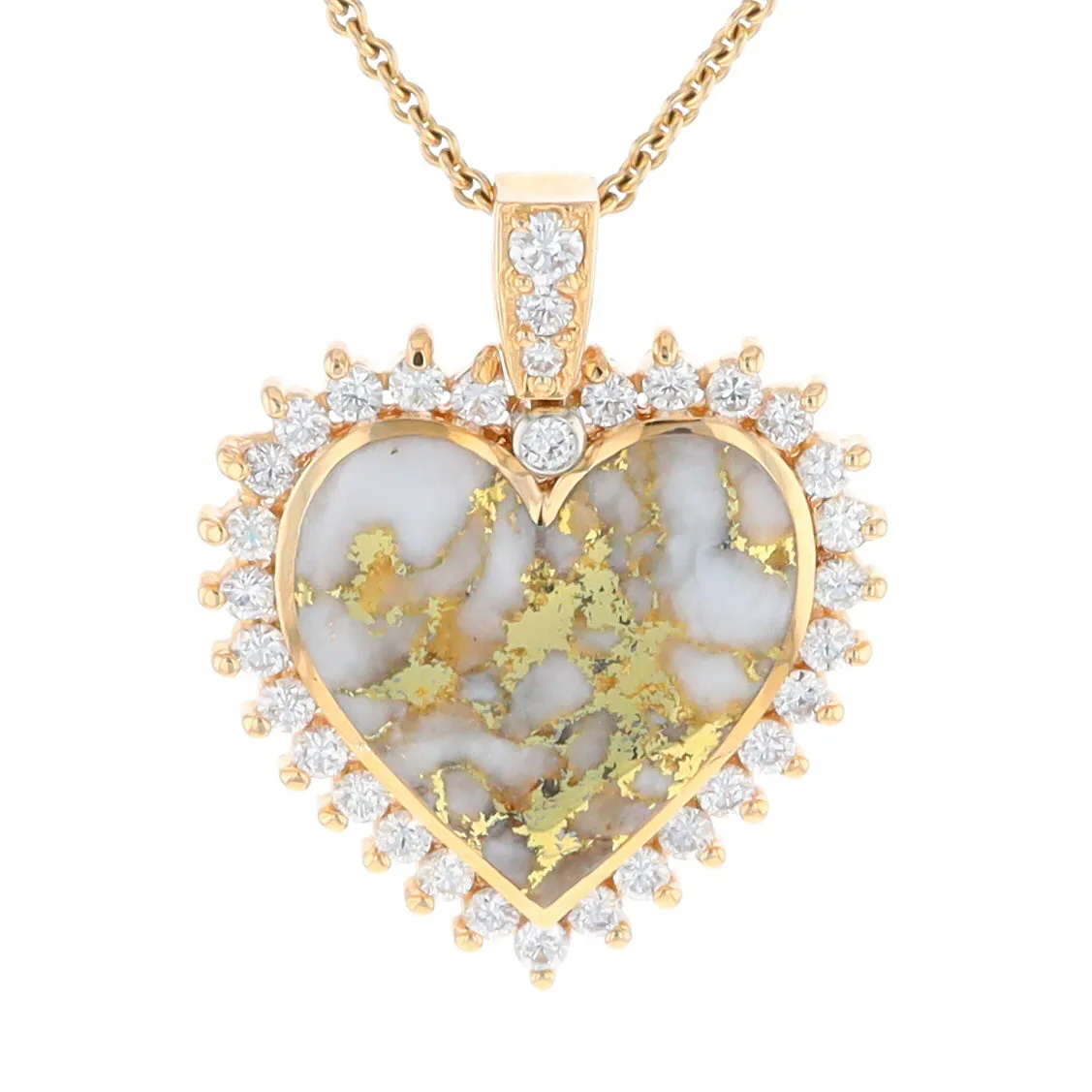 Gold Quartz Necklace Heart Shape Inlaid 1.54ctw Halo Diamond Pendant