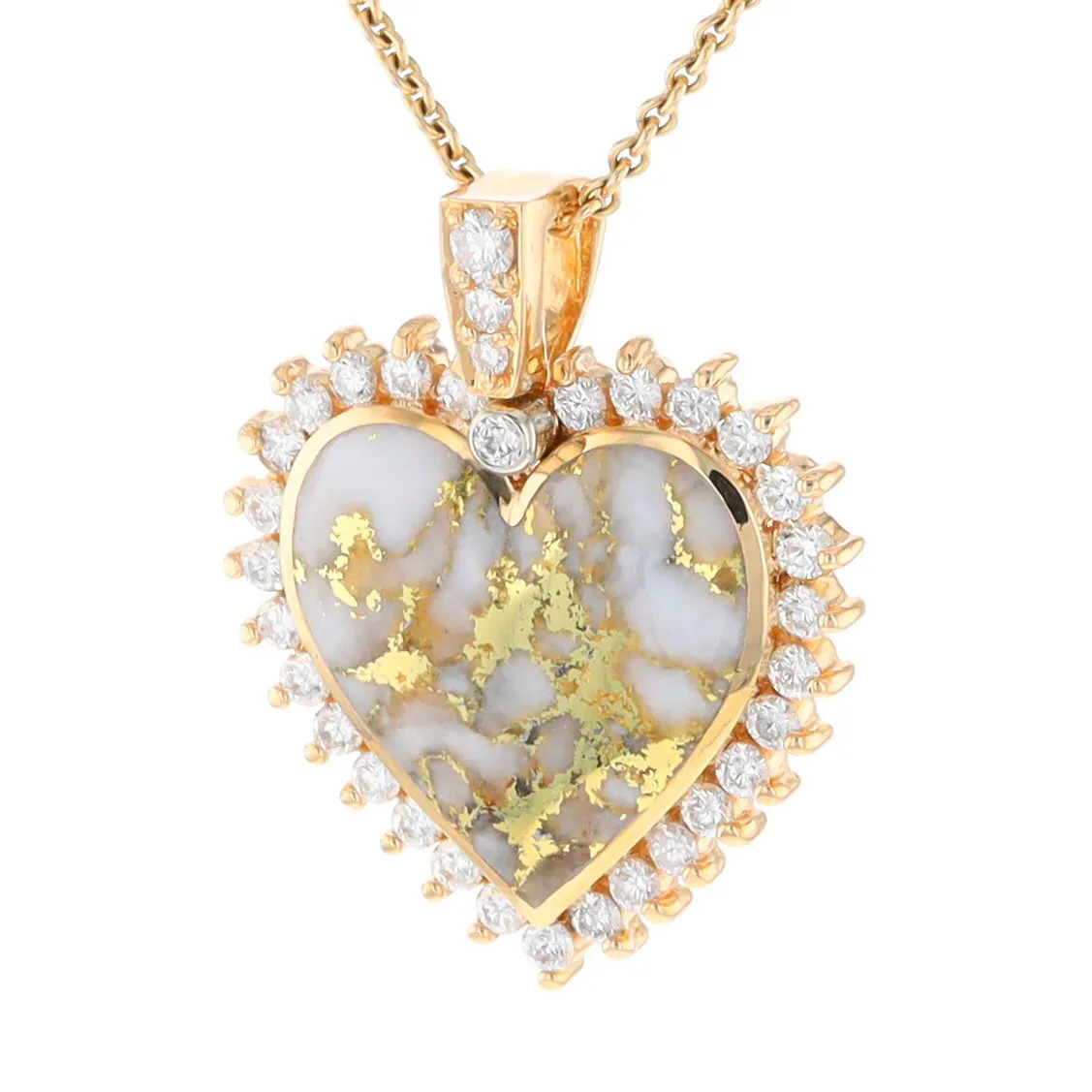 Gold Quartz Necklace Heart Shape Inlaid 1.54ctw Halo Diamond Pendant