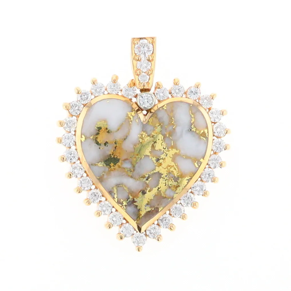 Gold Quartz Necklace Heart Shape Inlaid 1.54ctw Halo Diamond Pendant