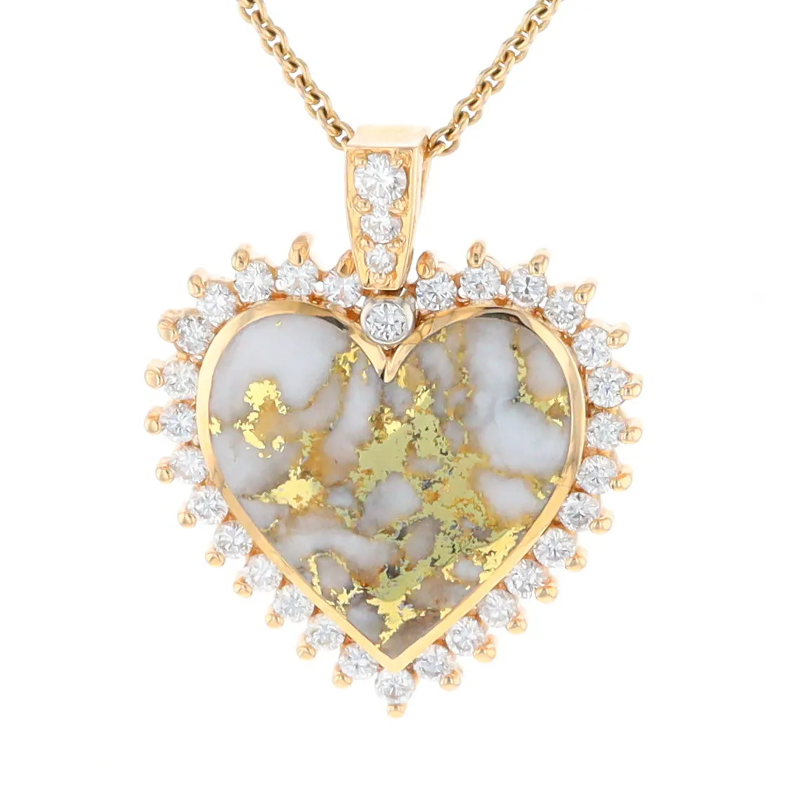 Gold Quartz Necklace Heart Shape Inlaid 1.54ctw Halo Diamond Pendant