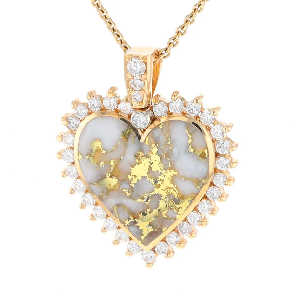 Gold Quartz Necklace Heart Shape Inlaid 1.54ctw Halo Diamond Pendant