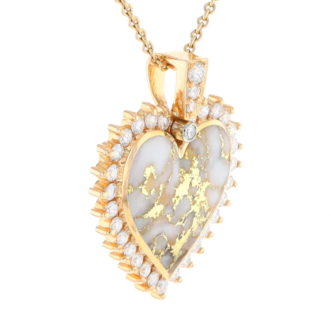 Gold Quartz Necklace Heart Shape Inlaid 1.54ctw Halo Diamond Pendant