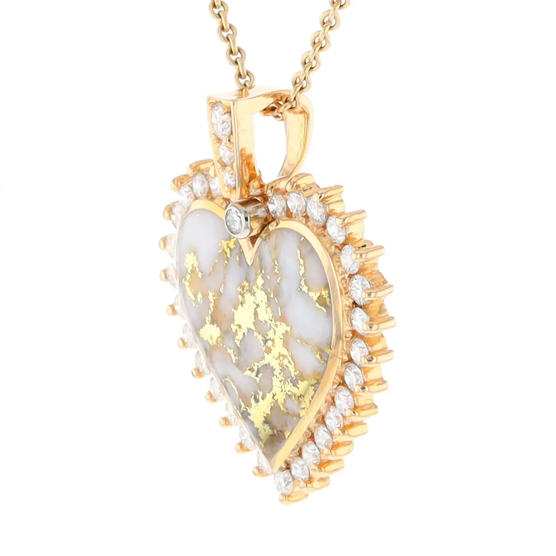 Gold Quartz Necklace Heart Shape Inlaid 1.54ctw Halo Diamond Pendant