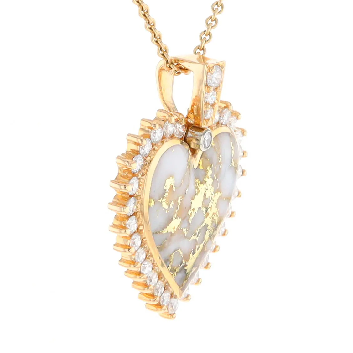 Gold Quartz Necklace Heart Shape Inlaid 1.54ctw Halo Diamond Pendant