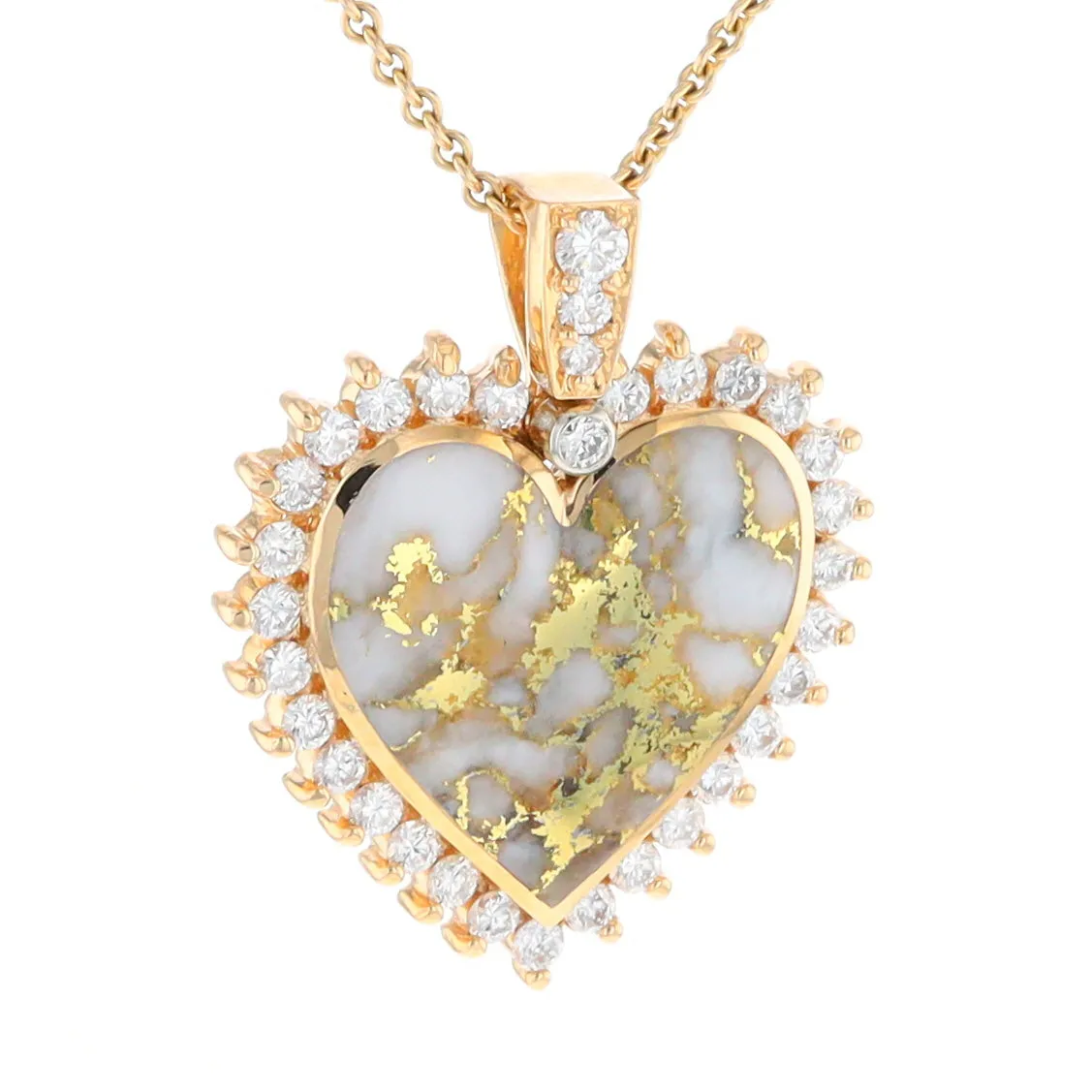 Gold Quartz Necklace Heart Shape Inlaid 1.54ctw Halo Diamond Pendant