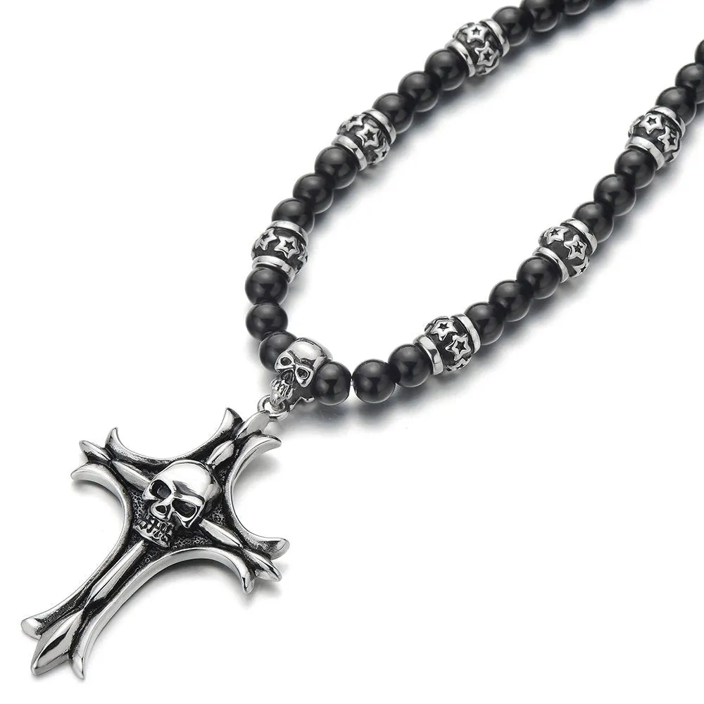 Gothic Style Black Onyx Beads Necklace for Men, Featuring Stainless Steel Cross Skulls, Ideal for Casual Wear or Themed Events