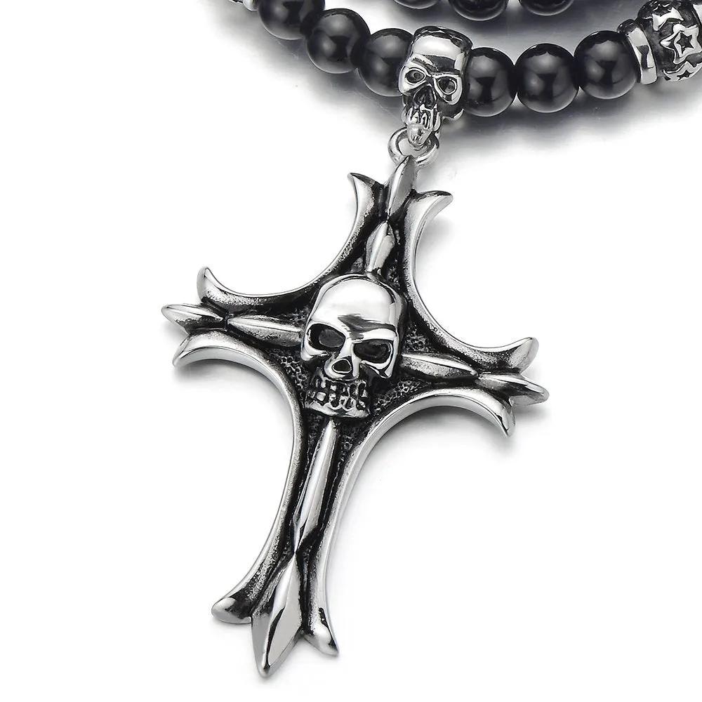 Gothic Style Black Onyx Beads Necklace for Men, Featuring Stainless Steel Cross Skulls, Ideal for Casual Wear or Themed Events