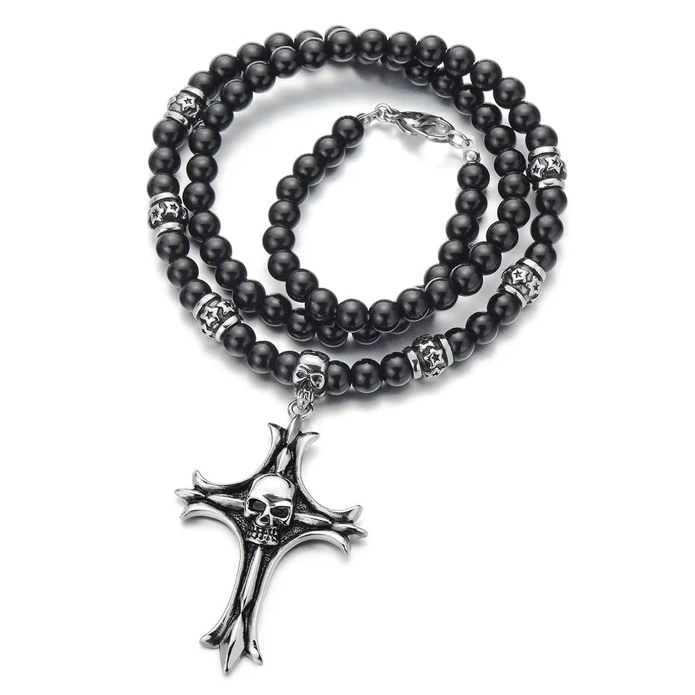 Gothic Style Black Onyx Beads Necklace for Men, Featuring Stainless Steel Cross Skulls, Ideal for Casual Wear or Themed Events