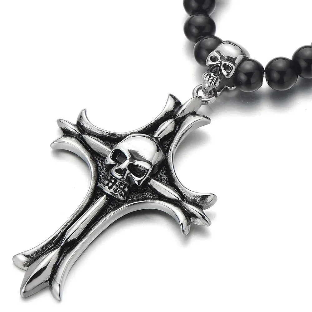 Gothic Style Black Onyx Beads Necklace for Men, Featuring Stainless Steel Cross Skulls, Ideal for Casual Wear or Themed Events