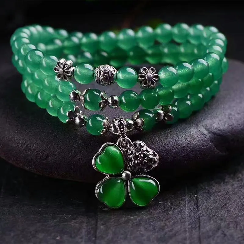 Green Crystal Bracelets Lucky Tibetan Silver Four Leaf Glass Pendant