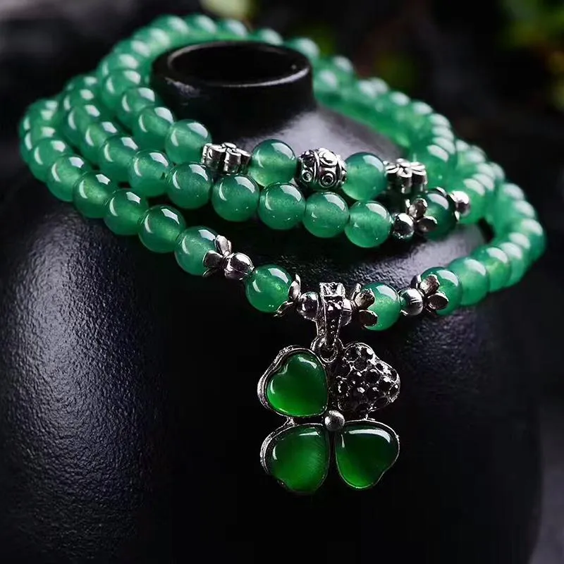 Green Crystal Bracelets Lucky Tibetan Silver Four Leaf Glass Pendant