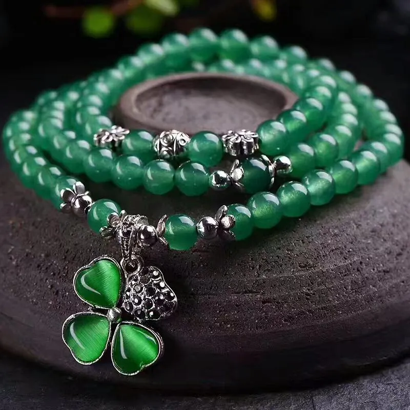 Green Crystal Bracelets Lucky Tibetan Silver Four Leaf Glass Pendant