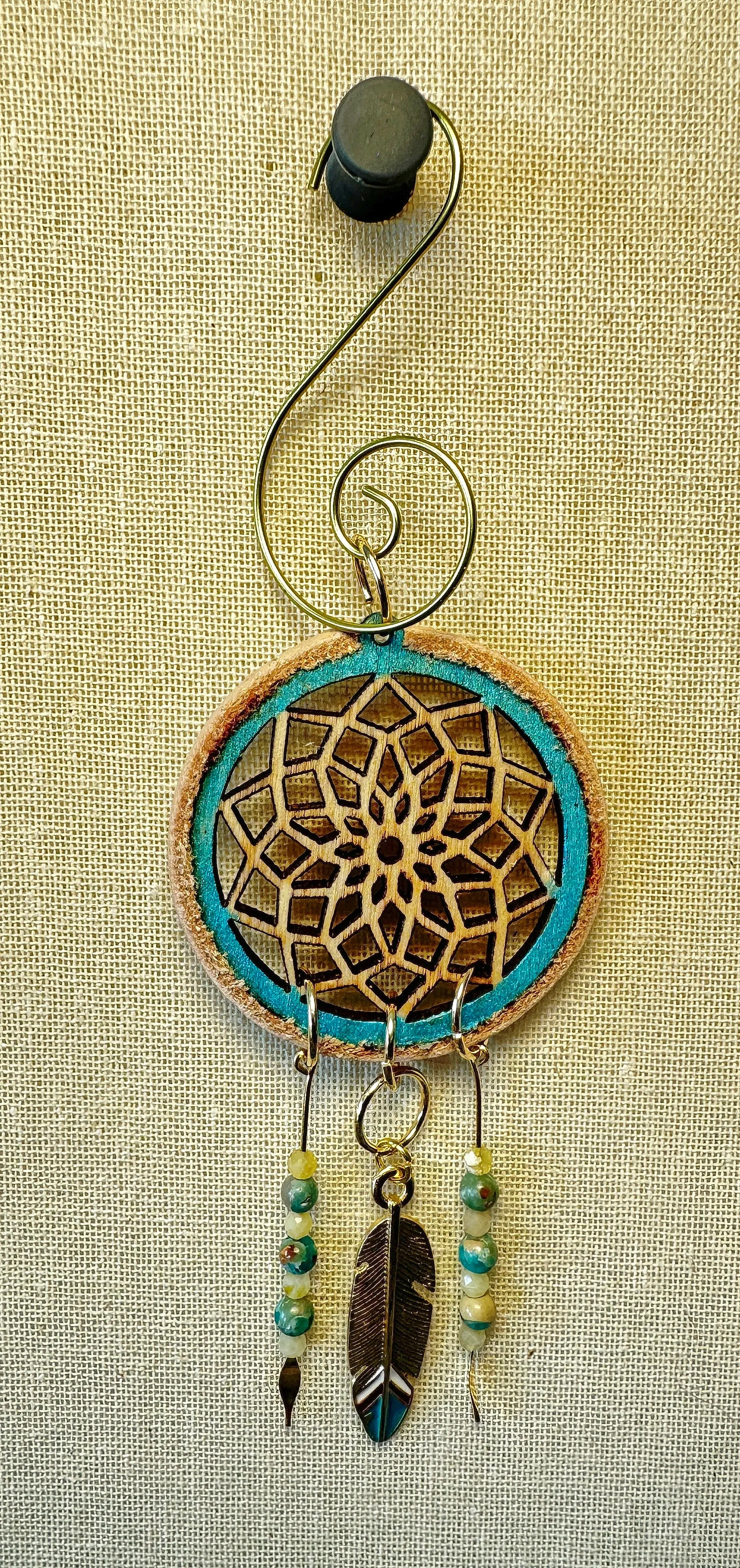 Hand painted Wooden Dreamcatcher w/ Deer hide, Serpentine, & Yellow Opal (S)