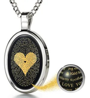 I Love You Necklace Onyx Pendant 24k Gold Inscribed in 120 Languages