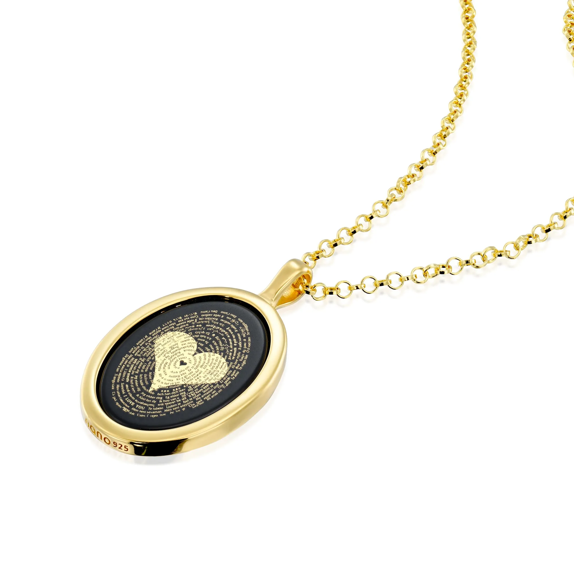 I Love You Necklace Onyx Pendant 24k Gold Inscribed in 120 Languages