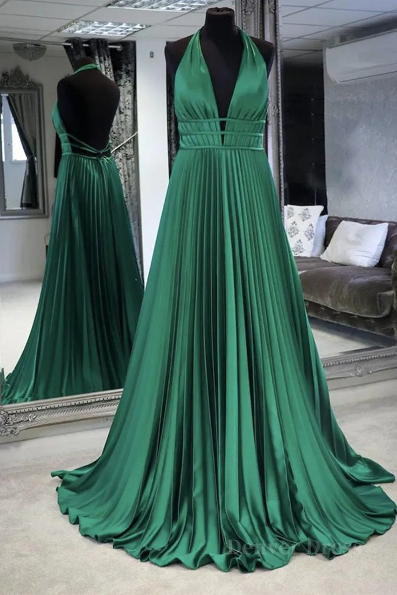 kamahe Halter V Neck Backless Emerald Green Satin Long Prom Dress, Backless Emerald Green Formal Graduation Evening Dress