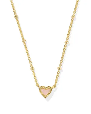 Kendra Scott Mini Ari Heart Gold Satellite Short Pendant Necklace in Rose Quartz