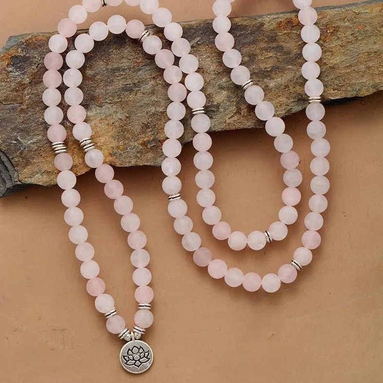 'Lotus' Rose Quartz 108 Mala Beads Necklace