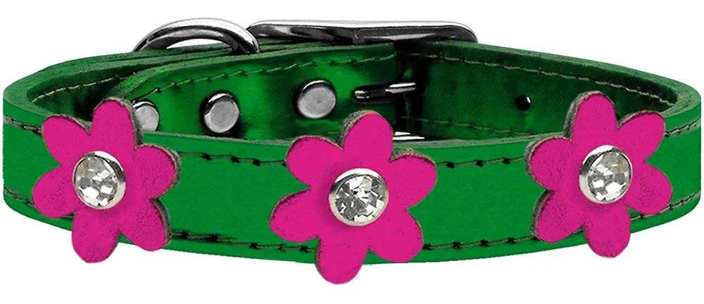 Metallic Flower Leather Collar Metallic Emerald Green With Metallic Pink Flowers Size 12