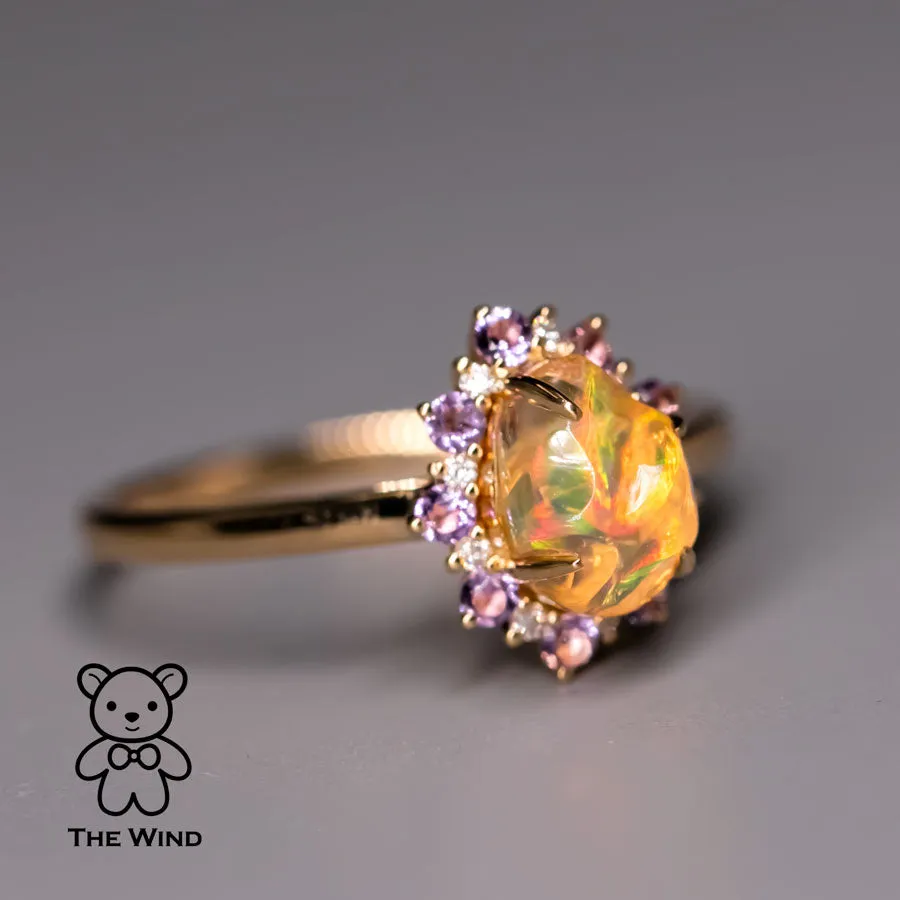 Mexican Fire Opal Amethyst Diamond Engagement Halo Ring 18K Yellow Gold