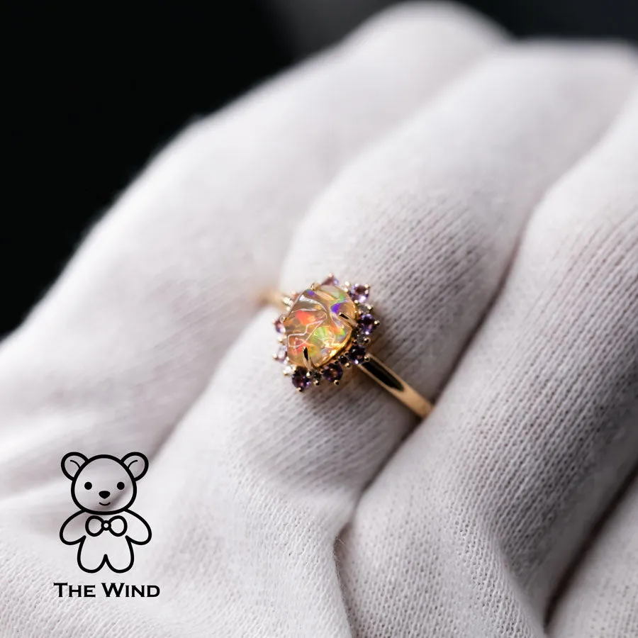 Mexican Fire Opal Amethyst Diamond Engagement Halo Ring 18K Yellow Gold