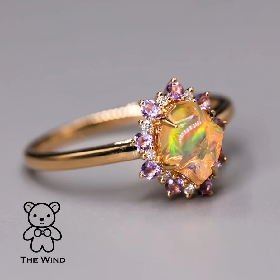 Mexican Fire Opal Amethyst Diamond Engagement Halo Ring 18K Yellow Gold