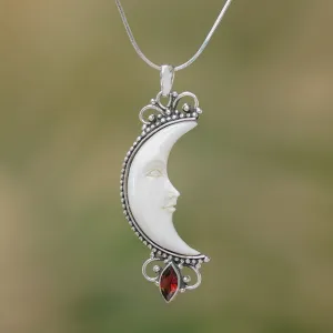 Moonlight Glimmer Garnet Silver & Cow Bone Pendant Necklace