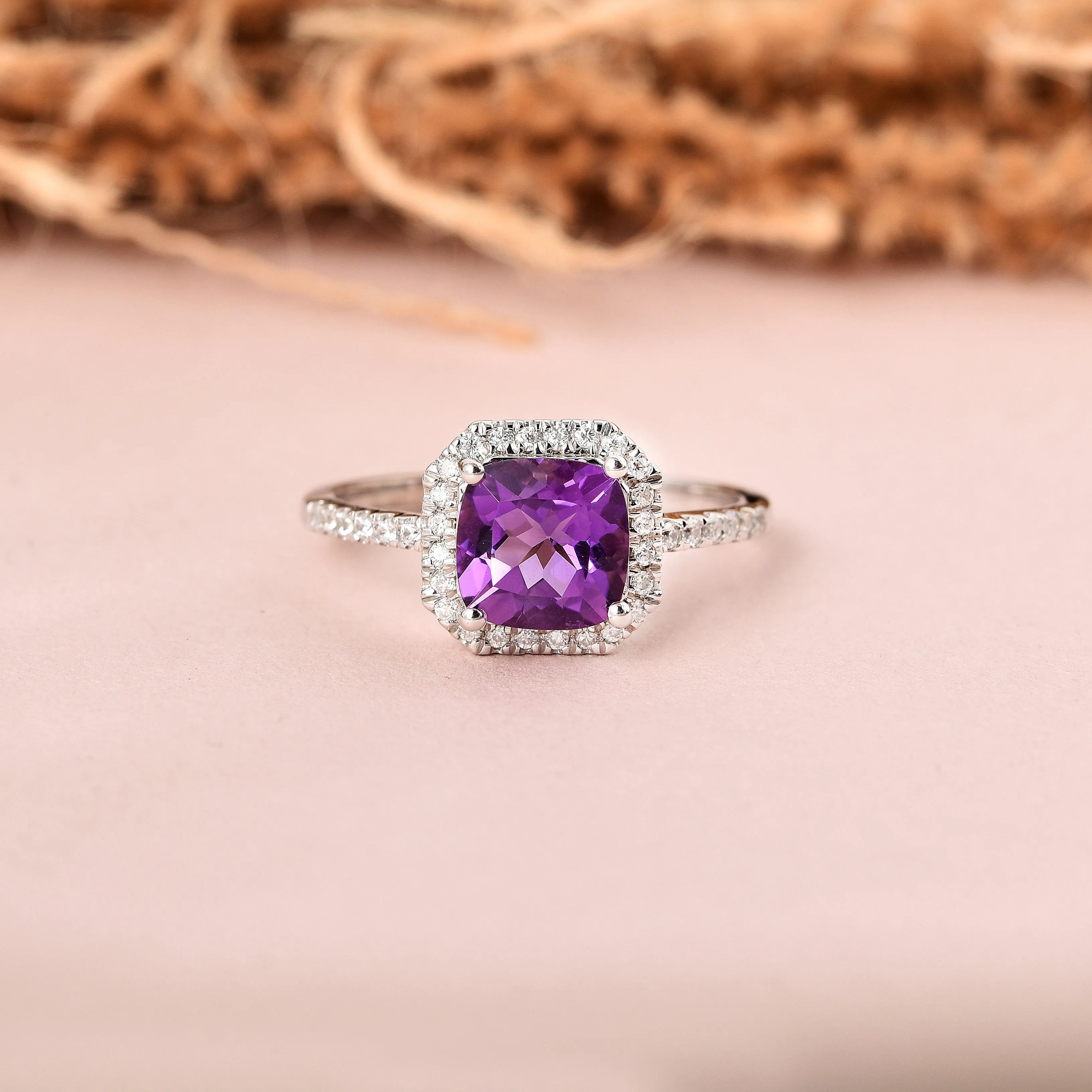 Natural Amethyst Cushion Halo Ring