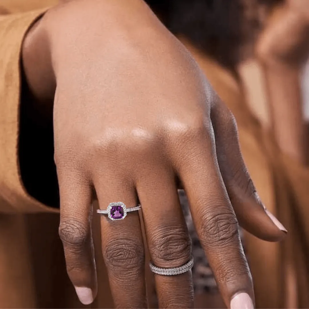 Natural Amethyst Cushion Halo Ring