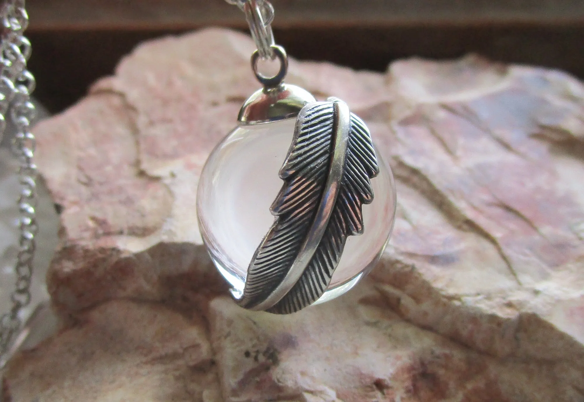 Natural Quartz Crystal Ball Feather Wrap Pendant Necklace