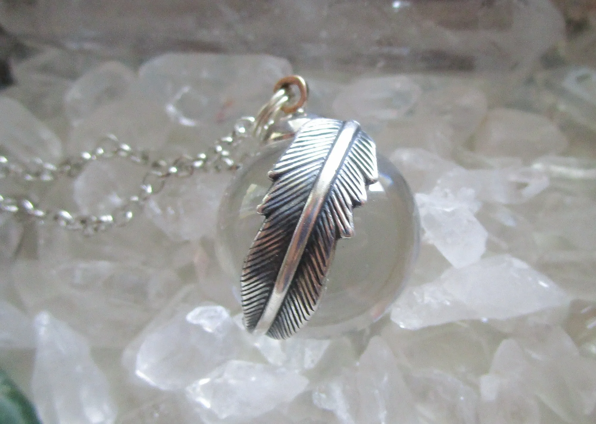 Natural Quartz Crystal Ball Feather Wrap Pendant Necklace