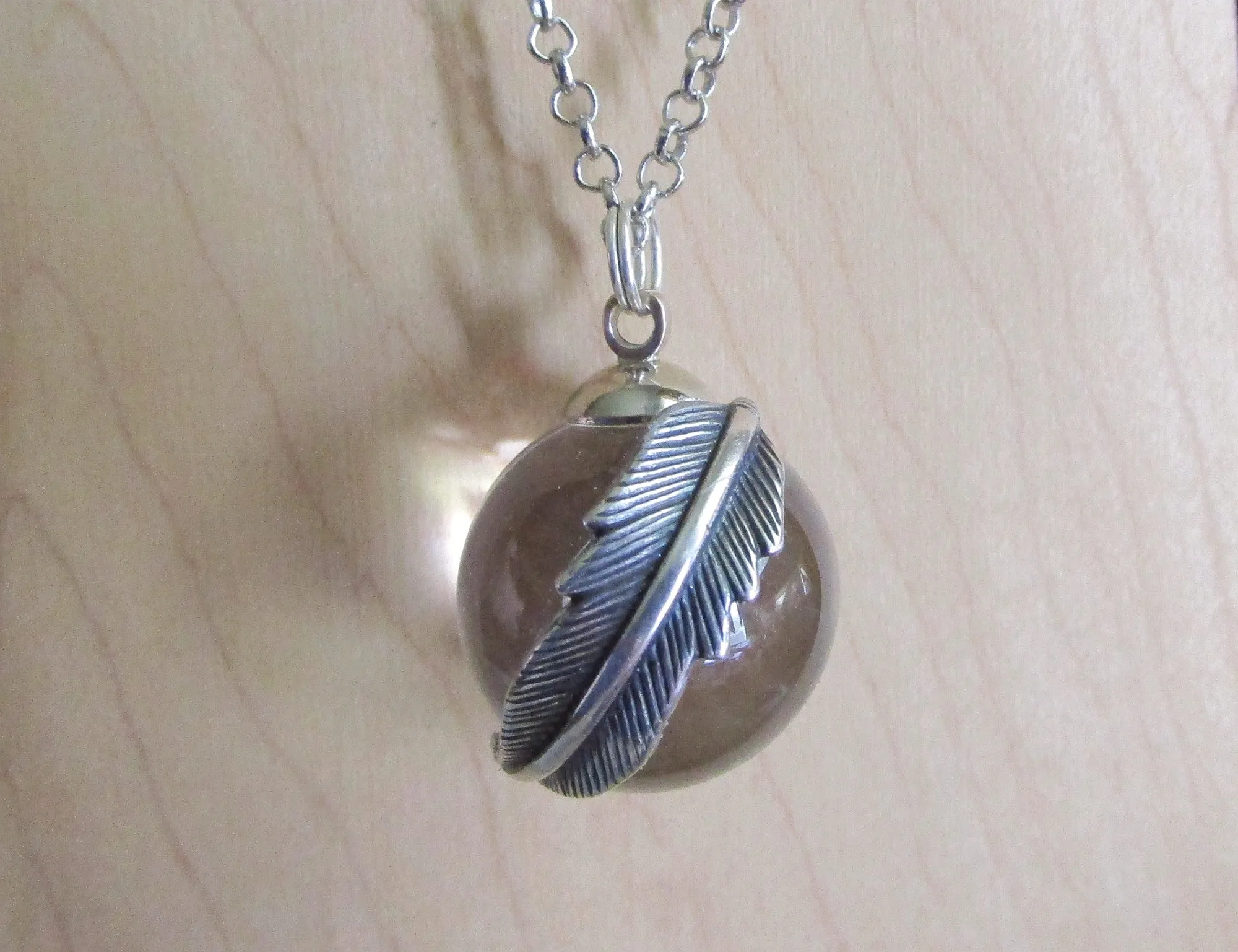 Natural Quartz Crystal Ball Feather Wrap Pendant Necklace