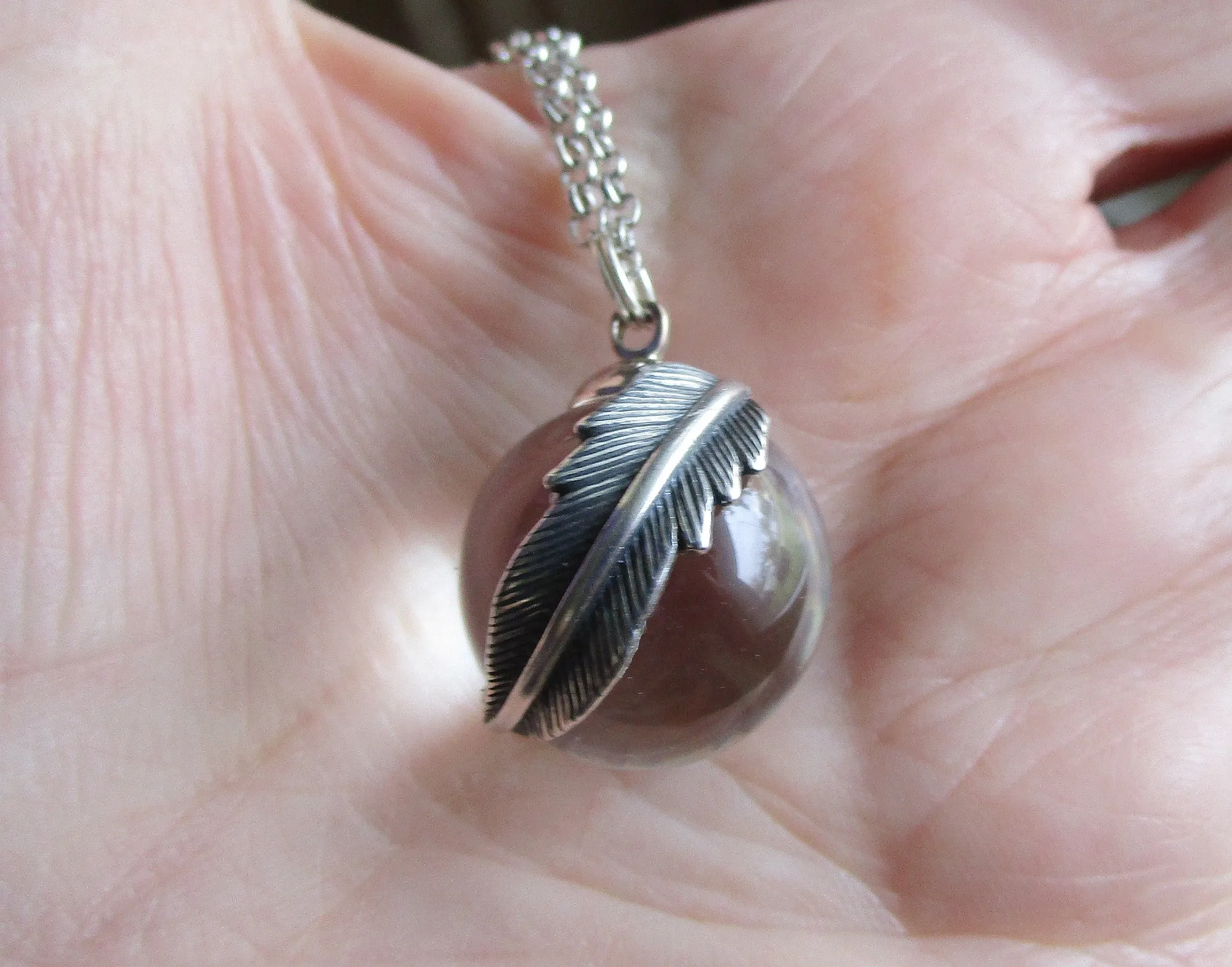 Natural Quartz Crystal Ball Feather Wrap Pendant Necklace