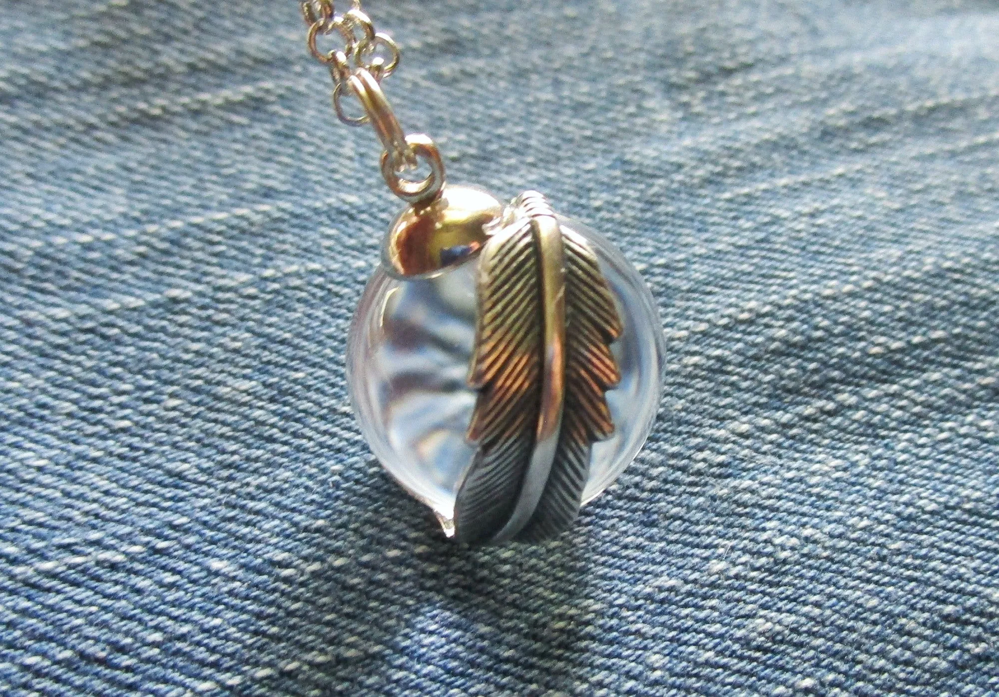 Natural Quartz Crystal Ball Feather Wrap Pendant Necklace