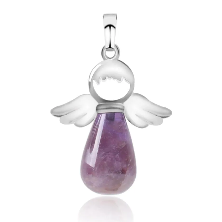 Natural Stones Angels Pendant for Necklace Pink Quartz Onyx Pendants Silver-color Water Drop Pendant